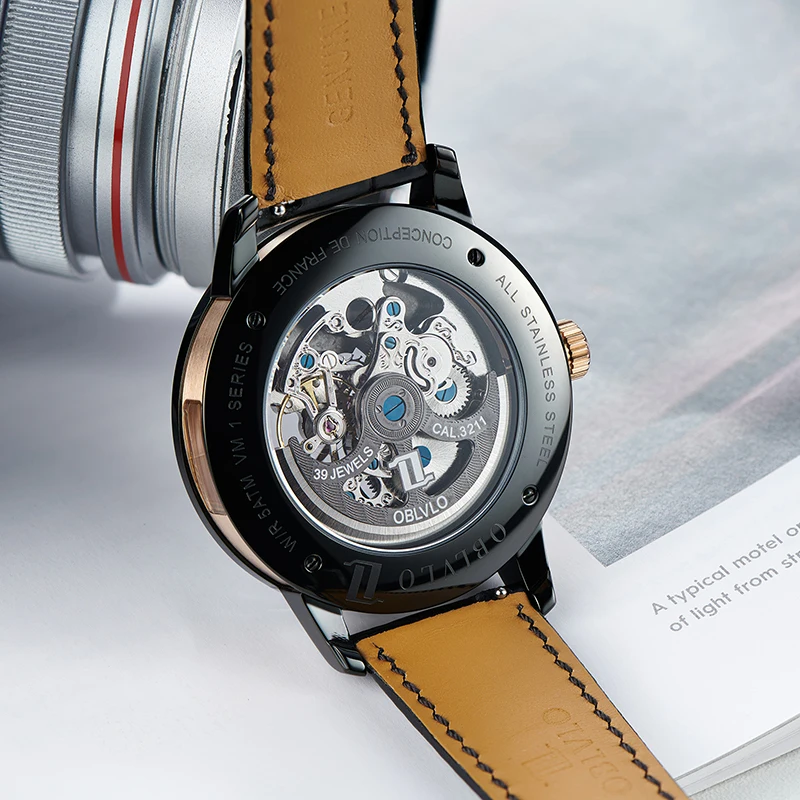 OBLVLO Luxury Retro 45mm Dial Skeleton Automatic Watches For Men Calfskin Strap Mineral Crystal Waterproof Mechanical Watch VM - Image 6