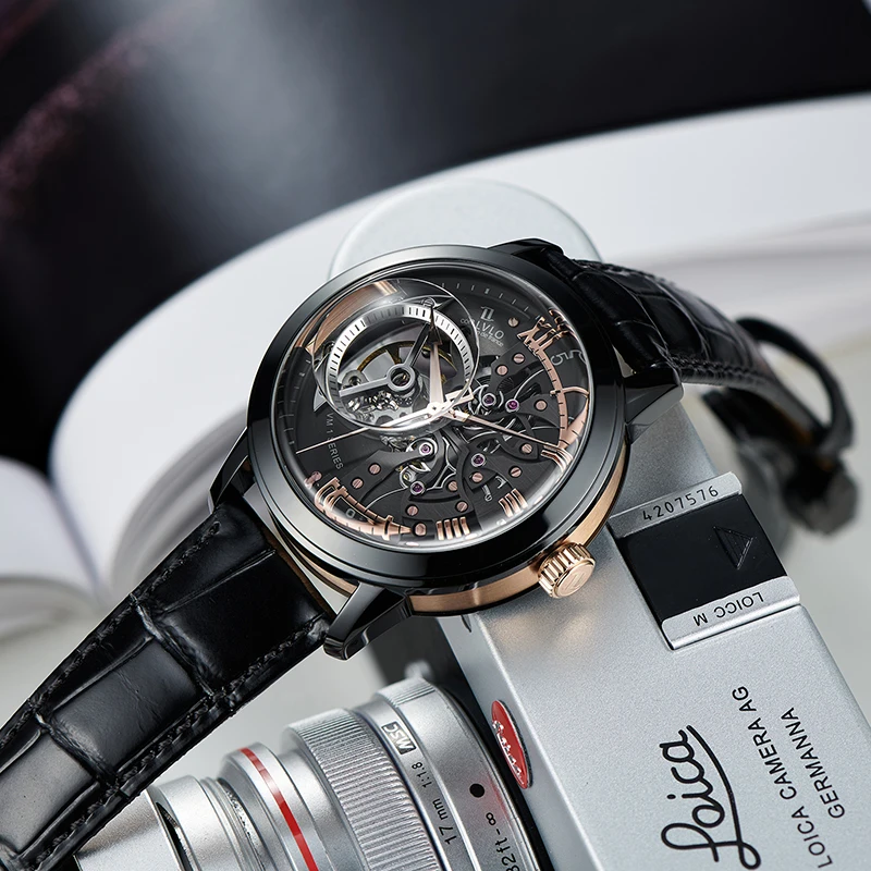 OBLVLO Luxury Retro 45mm Dial Skeleton Automatic Watches For Men Calfskin Strap Mineral Crystal Waterproof Mechanical Watch VM - Image 2