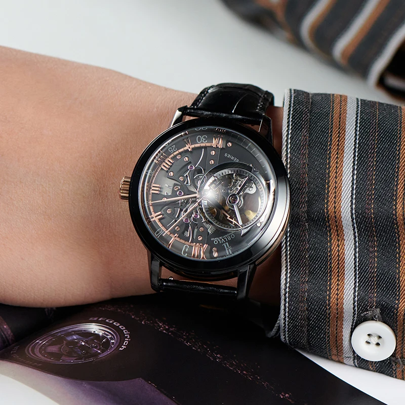 OBLVLO Luxury Retro 45mm Dial Skeleton Automatic Watches For Men Calfskin Strap Mineral Crystal Waterproof Mechanical Watch VM - Image 5